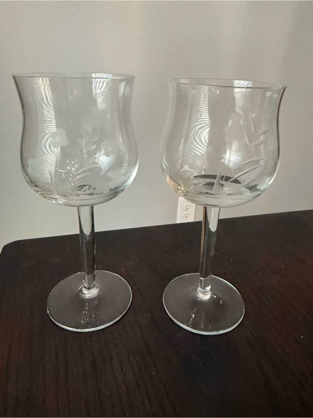Vintage Romania Etched Glass Wine Goblets Floral Cordial Cocktail Set Of 2